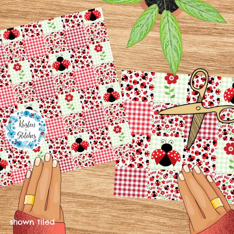 May include: Two square fabric pieces with a patchwork design featuring ladybugs, red gingham, and floral patterns. A pair of gold scissors and a potted plant are also visible. The text "LOVE BUG" is printed on the fabric.