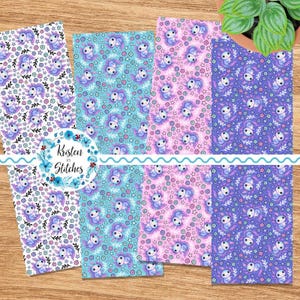 May include: A collection of patterned fabric swatches featuring a repeating design of a cartoon axolotl with stars and floral elements. The color palette includes shades of purple, blue, and pink. The text "Kristen in Stitches" is visible.