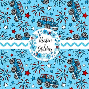 May include: A light blue background with a repeating pattern of red, white, and blue elements. The design includes cartoon-style blue jeeps, red and white fireworks, and stars. A circular logo with the text "Kristen in Stitches" is in the center.
