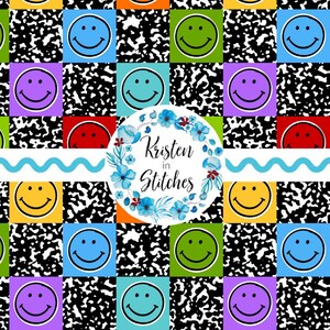 Pode incluir: Um padrão colorido com rostos sorridentes em várias cores, em um fundo salpicado em preto e branco. O design inclui quadrados amarelos, verdes, azuis, roxos e vermelhos com rostos sorridentes. O texto "Kristen in Stitches" está em uma coroa de flores.