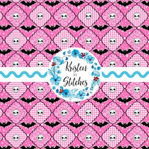 May include: A repeating pattern featuring white skulls and black bats on a bright pink background with a central circular logo containing blue watercolour flowers and the text Kristen in Stitches, bisected by a horizontal light blue wavy line.