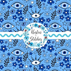 May include: A light blue pattern featuring stylized blue eyes, flowers, stars, and leaves. A circular floral design with the text "Kristen in Stitches" is centered. A wavy blue and white stripe runs across the image.