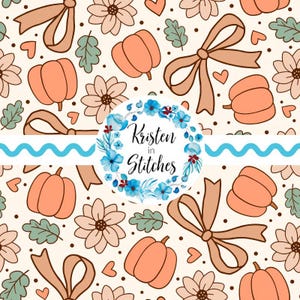May include: A repeating pattern featuring pumpkins, bows, flowers, leaves, and hearts in shades of peach, brown, and green on a cream background. The design includes the text "Kristen in Stitches" within a floral wreath.