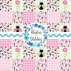 May include: A patchwork design featuring ladybugs, flowers, and gingham patterns in pink, green, and black. The design includes the text "Love Bug" and "Kristen in Stitches" within a floral wreath, creating a whimsical and cheerful aesthetic.