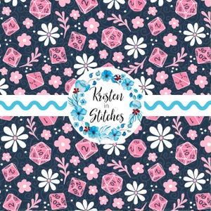 May include: A navy blue floral pattern with pink dice, white and pink flowers, and sprigs. The design includes the text "Kristen in Stitches" within a floral wreath and a wavy blue and pink stripe.