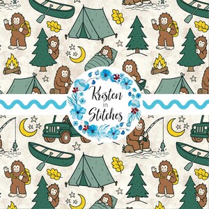 May include: A repeating pattern featuring a cartoon Bigfoot enjoying the outdoors. The design includes tents, trees, campfires, canoes, and a jeep. The text "Kristen in Stitches" is in a floral wreath.