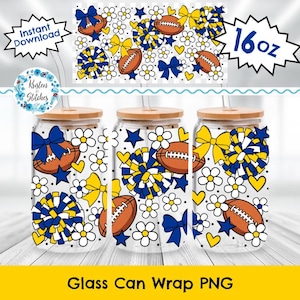 May include: Three clear glass can wraps with a football theme. Each wrap features a repeating pattern of American footballs, bows, pom-poms, stars, and flowers in blue, yellow, and white. The wraps are designed for 473 ml cans.