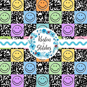 May include: A vibrant pattern with smiley faces in different colours, set against a black and white speckled background. The design includes a floral wreath with the text "Kristen in Stitches". A wavy blue line adds a decorative element.