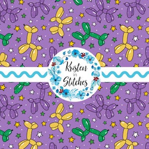 May include: A repeating pattern of balloon dog shapes in yellow, green, and purple, interspersed with stars on a purple background. The design includes a white banner with a blue wavy line and a floral logo that reads "Kristen in Stitches".