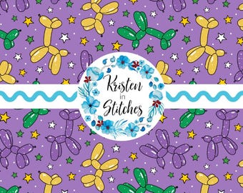 Party Pups Balloon Dogs Seamless Pattern, Digital File, Instant Download, Printable Paper, Mardi Gras Colors, Purple Yellow Gold Green Dog