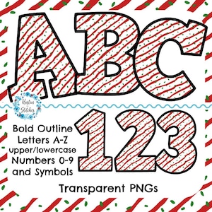 May include: A digital graphic featuring the letters "ABC" and numbers "123" in a bold, outlined font. The letters and numbers have a red and white striped pattern with green accents. The image also includes the text "Bold Outline Letters A-Z upper/lowercase Numbers 0-9 and Symbols Transparent PNGs."