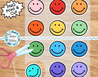 Happy Face afdrukbaar stickervel, transparante png, print en snij ambachten, kleurrijke illustraties, regenboog lachende gezichten, sublimatieafbeeldingen