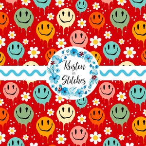 Może przedstawiać: Żywy czerwony wzór z wielokolorowymi, cieknącymi buźkami i małymi białymi stokrotkami. Centralne okrągłe logo z napisem "Kristen in Stitches" jest obecne. Pod spodem znajduje się jasnoniebieska falista linia.