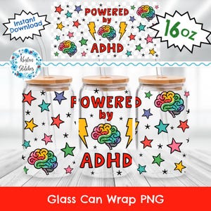 Powered by ADHD 16 oz Glass Can Wrap, Transparent Printable PNG, Libbey Cup Wrap, Uv DTF DiY, Mental Health, Rainbow Brain, Neurodiversity