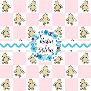 May include: A repeating pattern of tan teddy bears on a pink and white chequered background. A blue wavy line and a floral wreath with the text "Kristen in Stitches" are also present. The design is suitable for fabric or wallpaper.