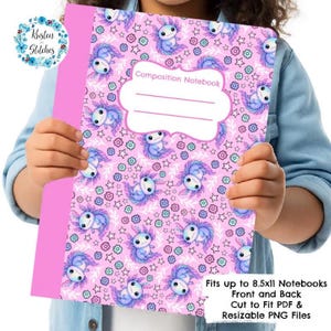 May include: A pink composition notebook featuring a repeating pattern of axolotls, stars, and flowers. The notebook has a pink spine and the words "Composition Notebook" on the front. The notebook fits up to 8.5x11 notebooks.