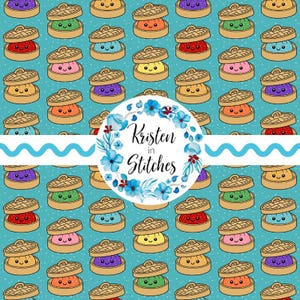 May include: A repeating pattern on a teal background featuring colorful cartoon dumplings in bamboo steamers with smiling faces. A central white circular label displays the text Kristen in Stitches surrounded by a blue floral wreath design.