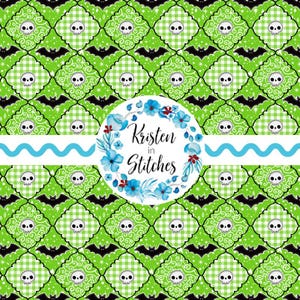May include: A repeating pattern of white skulls and black bats on a bright green background with a white horizontal band featuring a blue wavy line and a circular floral wreath surrounding the black text Kristen in Stitches.