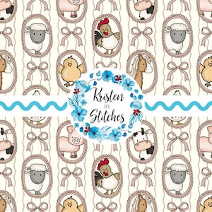 May include: A repeating pattern featuring farm animals such as sheep, cows, chickens, pigs, and horses, each framed in an oval with a bow. The design includes the text "Kristen in Stitches" surrounded by blue flowers, set against a cream background with vertical stripes.
