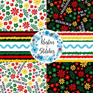 May include: A digital art design featuring four distinct patterns. One showcases red, yellow, and green flowers on a white background. Another displays Juneteenth text and flowers. The third has stripes, and the fourth has flowers. A floral logo is in the center.