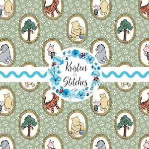 May include: A repeating pattern featuring oval frames with Winnie the Pooh characters, trees, and floral accents on a pale green background. The text "Kristen in Stitches" is in a blue floral wreath.