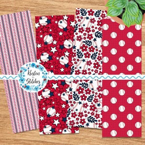 May include: A collection of patterned papers with baseball themes. Designs include baseballs, stars, and floral patterns in red, white, and blue. The papers are arranged on a wooden surface, with a small plant in the background. The text "Kristen in Stitches" is visible.