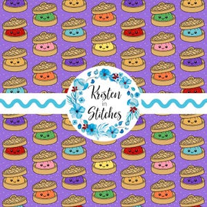 May include: A purple fabric pattern featuring a repeating design of colourful dumplings in bamboo steamers with smiling faces. A central white circular label displays the text Kristen in Stitches surrounded by a blue floral wreath design.