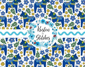 Dala Horse Folk Art Floral Seamless Pattern, Digital File, Instant Download, Printable Paper, Nordic Holiday, Scandi Christmas, Blue Yellow