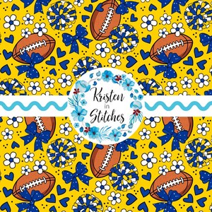 May include: A repeating pattern on a yellow background features brown American footballs, blue bows, pom-poms, white flowers, and blue hearts. The design includes the text "Kristen in Stitches" within a floral wreath and a blue wavy line.