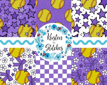 Conjunto de padrões sem costura para softball com tema de espírito de equipe, arquivo digital PNG, papel imprimível DIY, laços e flores em forma de estrela, bolas amarelas, estrelas brilhantes e roxo.