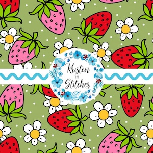 May include: A repeating pattern of red and pink strawberries with green leaves and the word "FUCK" printed on them, along with white daisies on a light green background. The image also includes the text "Kristen in Stitches".