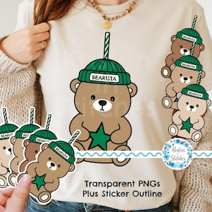 May include: A tan-coloured graphic featuring a cartoon bear wearing a green beanie with the word "BEARISTA" on it. The bear is holding a green star. The image includes multiple sticker outlines of the bear and the text "Transparent PNGs Plus Sticker Outline".