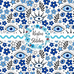 May include: A white background is covered with a repeating pattern of blue evil eye symbols, flowers, stars, and black leaves. A circular floral wreath with the text "Kristen in Stitches" is in the center. A wavy blue line is at the bottom.