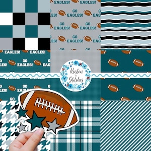 Peut inclure: Un collage numérique de motifs de tissu aux couleurs sarcelle, noir, blanc et gris. Les designs incluent des damiers, des rayures, des carreaux et des ballons de football avec le texte GO EAGLES!. Un logo circulaire central indique Kristen in Stitches.