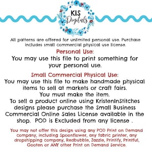 May include: A digital design license information sheet with the text "KIS Digitals" and a floral wreath. The text details personal and small commercial physical use, including restrictions on POD services.