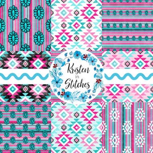 Könnte beinhalten: Eine Sammlung digitaler Papiere mit Mustern im Südwest-Stil in Türkis, Pink und Schwarz. Designs umfassen geometrische Formen, Streifen und florale Akzente. In der Mitte befindet sich ein floraler Kranz mit dem Text "Kristen in Stitches."
