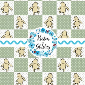May include: A repeating pattern featuring cartoon bears in a checkerboard design with light green squares and white polka dots. A blue and white wavy line and a floral wreath with the text "Kristen in Stitches" are also present.