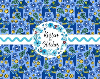 Dala Horse Folk Art Floral Seamless Pattern, Digital File, Instant Download, Printable Paper, Nordic Holiday, Scandi Christmas, Blue Yellow