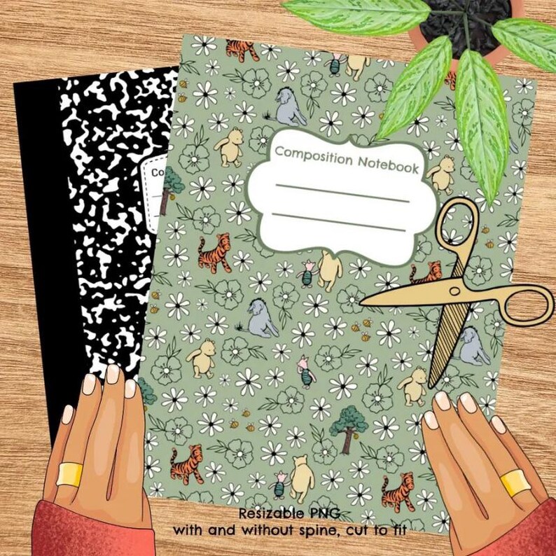 May include: Two composition notebooks, one black and white, the other green with a floral and animal pattern. A pair of gold scissors rests on the green notebook. The text "Composition Notebook" is visible. The image also includes the text "Resizable PNG with and without spine, cut to fit."