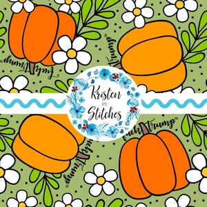 May include: A repeating pattern featuring orange pumpkins, white daisies, and green leaves on a light green background. The text "Fuck Trump" is written in a script font. A circular logo with blue flowers and the text "Kristen in Stitches" is also present.