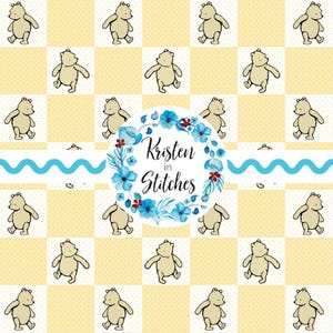 May include: A repeating pattern featuring cartoon bears on a yellow and white checkered background. A floral wreath with the text "Kristen in Stitches" is in the center. A blue wavy line and small white dots complete the design.