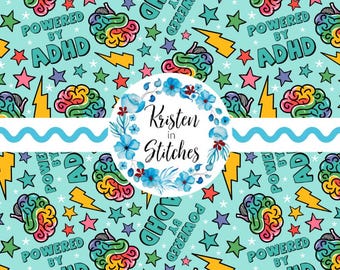 Powered by ADHD Seamless Pattern, Digital File, Instant Download, Printable Paper, Mental Health, Neurodiversity, Novelty Rainbow Brains