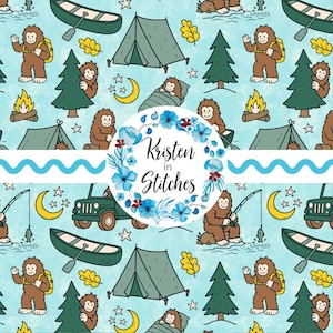 May include: A repeating pattern featuring cartoon illustrations of Bigfoot, camping gear, trees, and a jeep on a light blue background. The design includes the text "Kristen in Stitches" within a floral wreath.