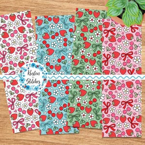 May include: A collection of patterned papers featuring strawberries, bows, cherries, and flowers in various colors. The papers have a repeating pattern and are arranged on a wooden surface. The text "Kristen in Stitches" is visible.