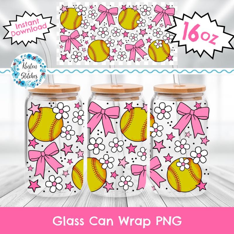 Softball Girl 16 Oz Glass Can Wrap, Transparent Printable PNG, Libbey ...