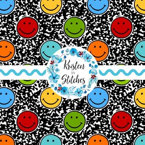 May include: A repeating pattern of colorful smiley faces in red, orange, yellow, green, and blue on a black and white speckled background. A white banner with a blue wavy line and a floral wreath with the text "Kristen in Stitches" is in the center.