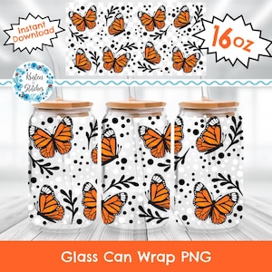 May include: Three clear glass can wraps with a butterfly design. Each wrap features orange butterflies, black leaves, and white polka dots. The wraps have wooden lids and straws. The image also includes the text "Instant Download" and "16 oz."