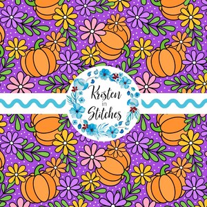 May include: A repeating pattern featuring orange pumpkins, yellow, pink, and purple flowers, and green leaves on a purple background. The design includes the text "Kristen in Stitches" in a circular floral frame.