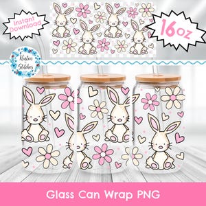 Vårhare 16 oz glasburkplast, transparent utskrivbar PNG, Libbey-muggplast, UV DTF DIY, prästkrageblommor, påskharar, rosa prästkragar