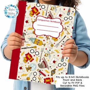 May include: A composition notebook with a cream-colored cover featuring a repeating pattern of glasses, scarves, lightning bolts, and other magical elements. The notebook has a red spine and the text "Composition Notebook" on the front.